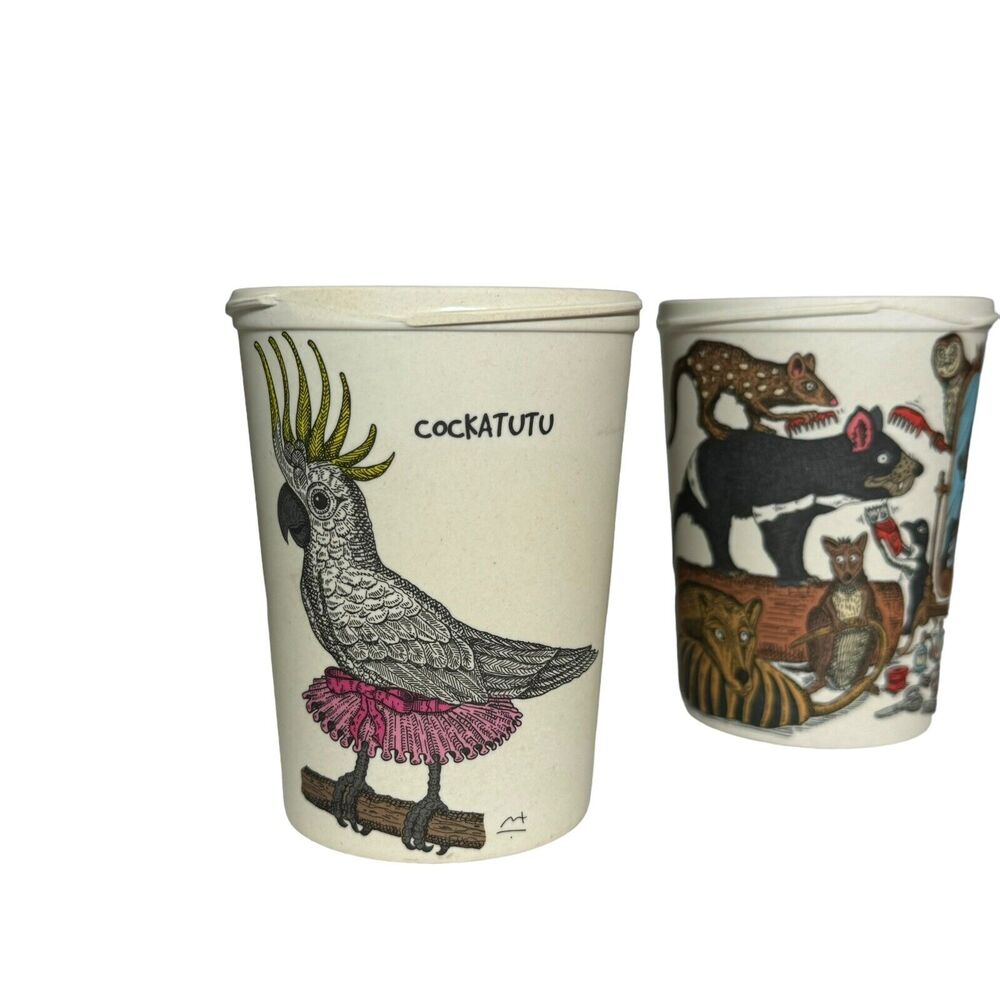 Squidinki Eco-Bamboo Fibre Keep Cups Tasmanian Devil Kookaburra 2 Cups 1 Lid - Picture 3 of 9